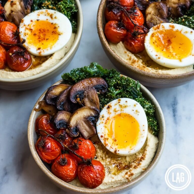 Savory Breakfast Bowls with Mushrooms, Cherry Tomatoes, Spinach, and Hummus Recipe