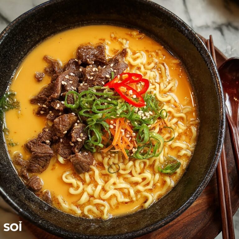 Spicy Korean Ramen with Grilled Beef and Creamy Sauce Recipe